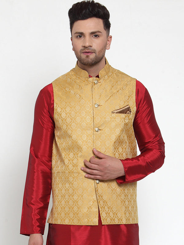 Jashvi Men's Gold Woven Jacquard Nehru Jacket