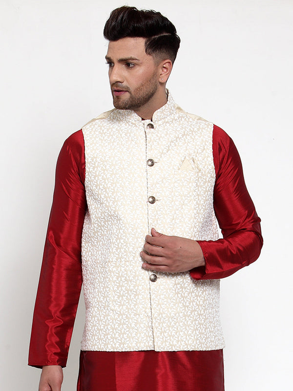 Men's Beige Embroidered Nehru Jacket ( JOWC 4012Beige ) - Virat Fashions