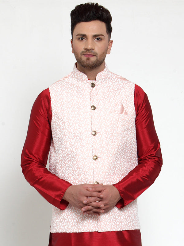 Jashvi Men's Pink Embroidered Nehru Jacket