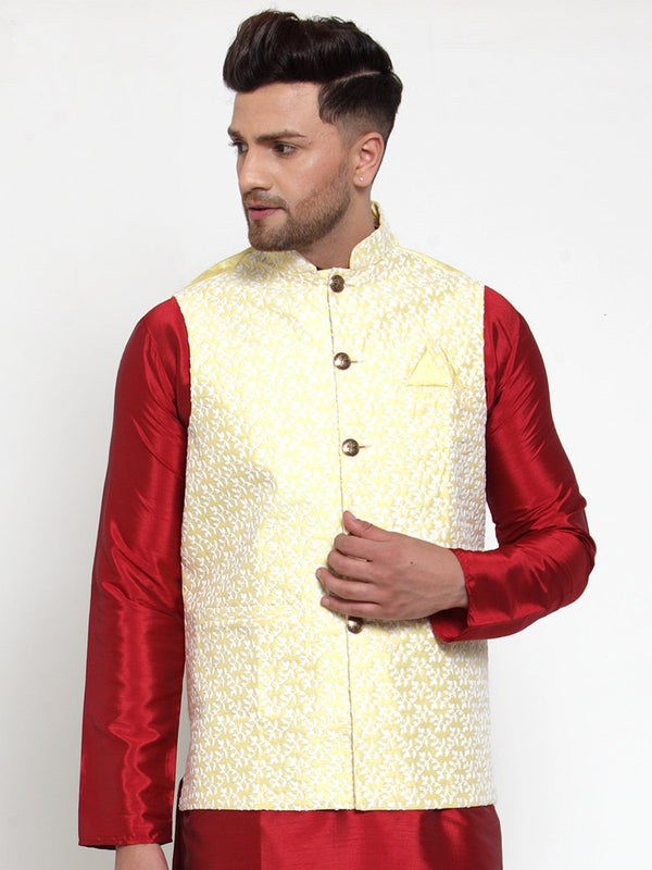 Jashvi Men's Yellow Embroidered Nehru Jacket