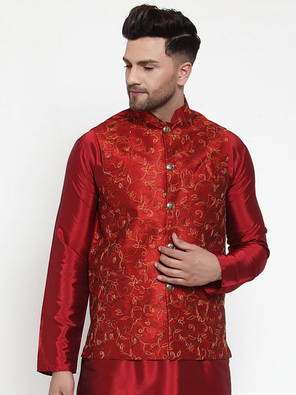 Jashvi Men's Maroon Embroidered Nehru Jacket