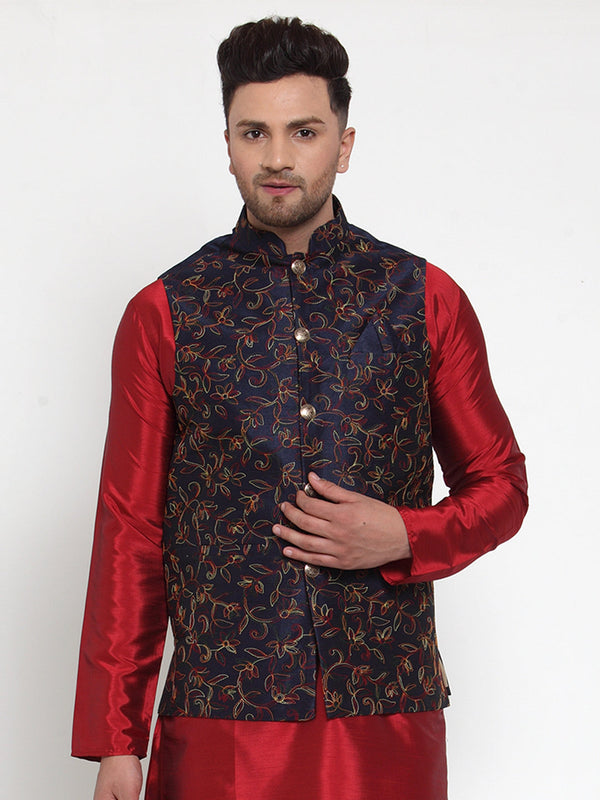 Men's Navy Embroidered Nehru Jacket ( JOWC 4013Navy ) - Virat Fashions