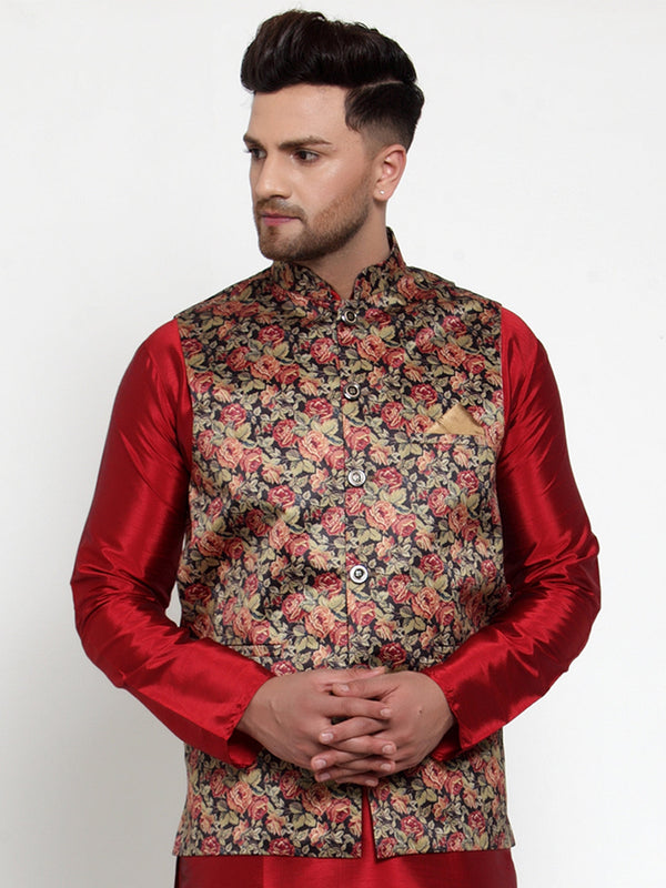 Jashvi Men's Black Printed Nehru Jacket