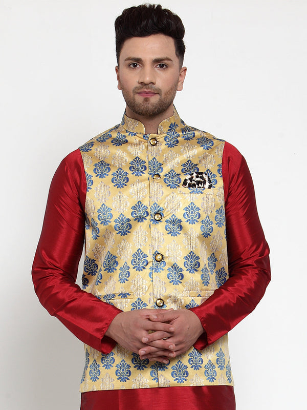 Men's Gold Printed Nehru Jacket ( JOWC 4014Golden ) - Virat Fashions