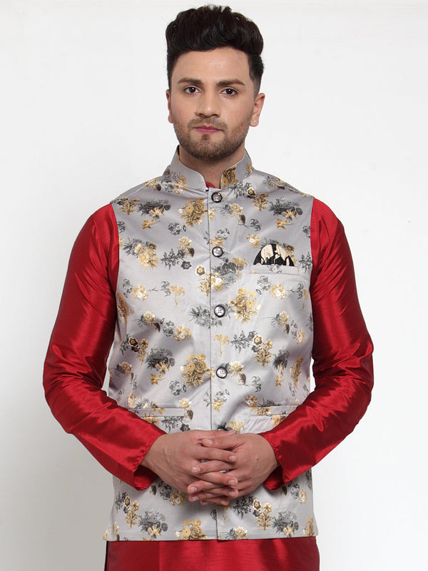 Jashvi Men's Grey Printed Nehru Jacket