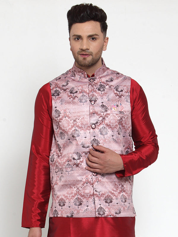 Men's Pink Printed Nehru Jacket ( JOWC 4014Pink ) - Virat Fashions