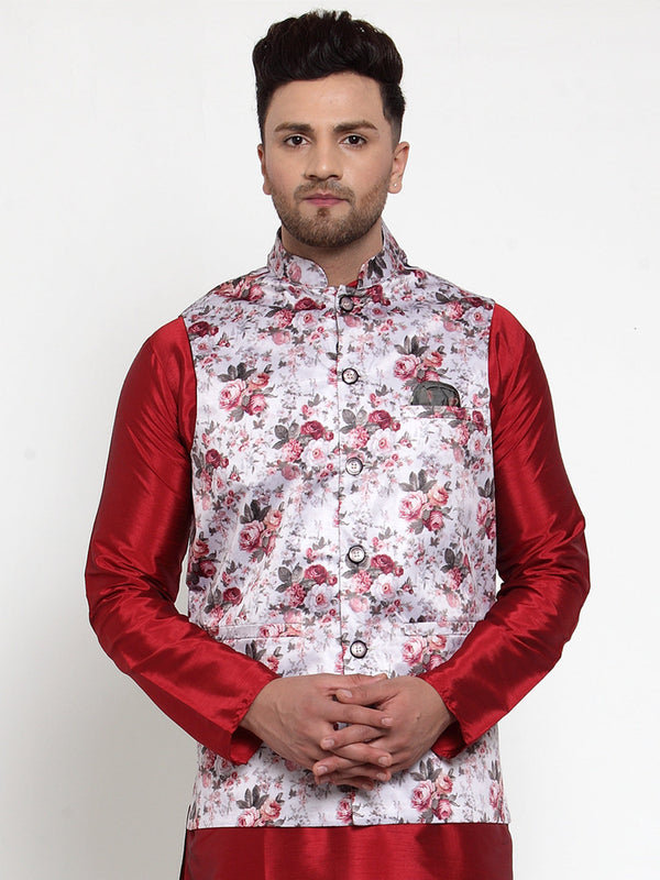 Men's Silver Printed Nehru Jacket ( JOWC 4014Silver ) - Virat Fashions