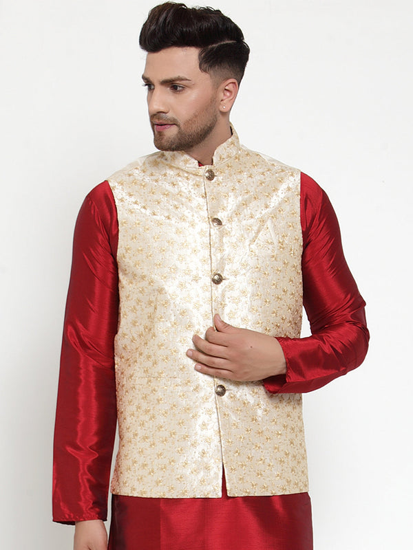 Jashvi Men's Cream Embroidered Nehru Jacket