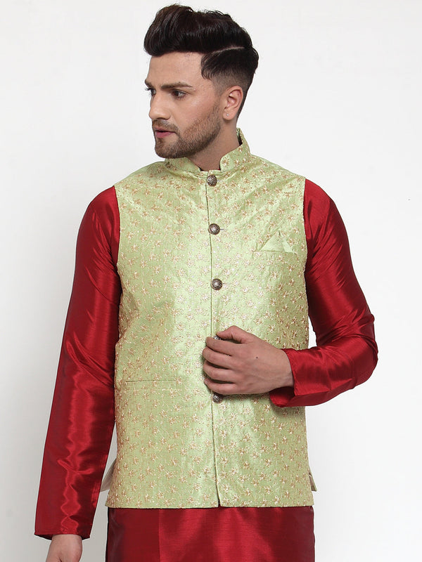 Men's Green Embroidered Nehru Jacket ( JOWC 4015Green ) - Virat Fashions