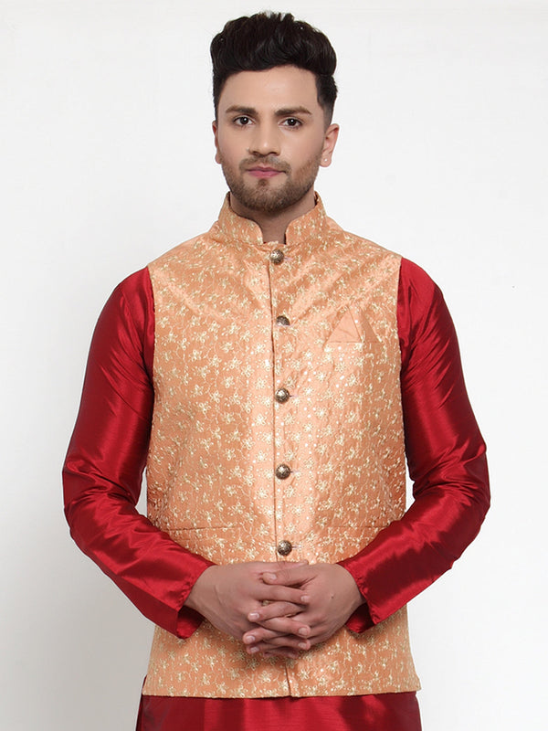 Jashvi Men's Peach Embroidered Nehru Jacket