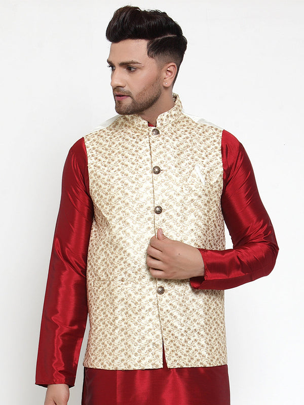 Jashvi Men's Cream Embroidered Nehru Jacket