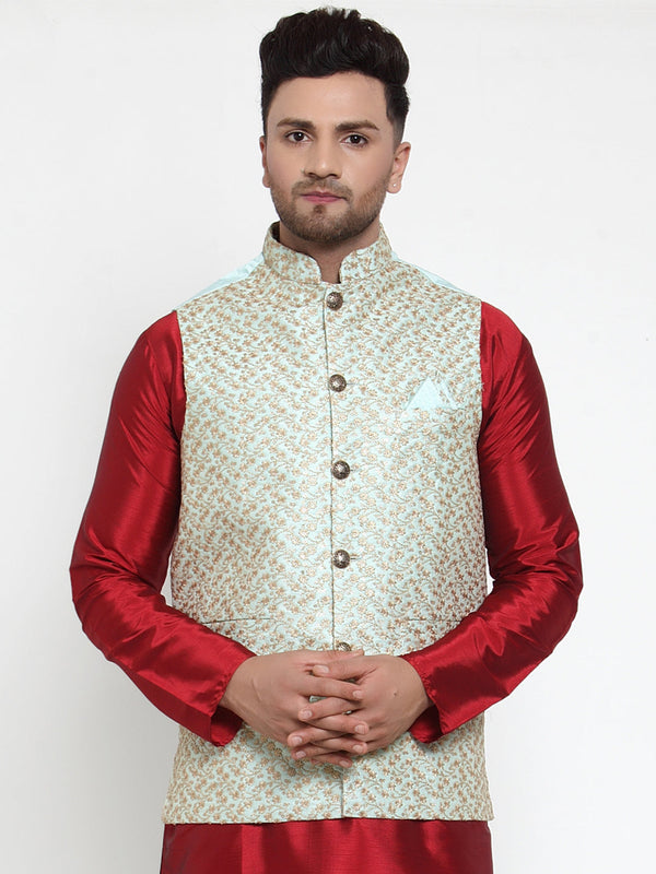 Men's Blue Embroidered Nehru Jacket ( JOWC 4016Sky ) - Virat Fashions