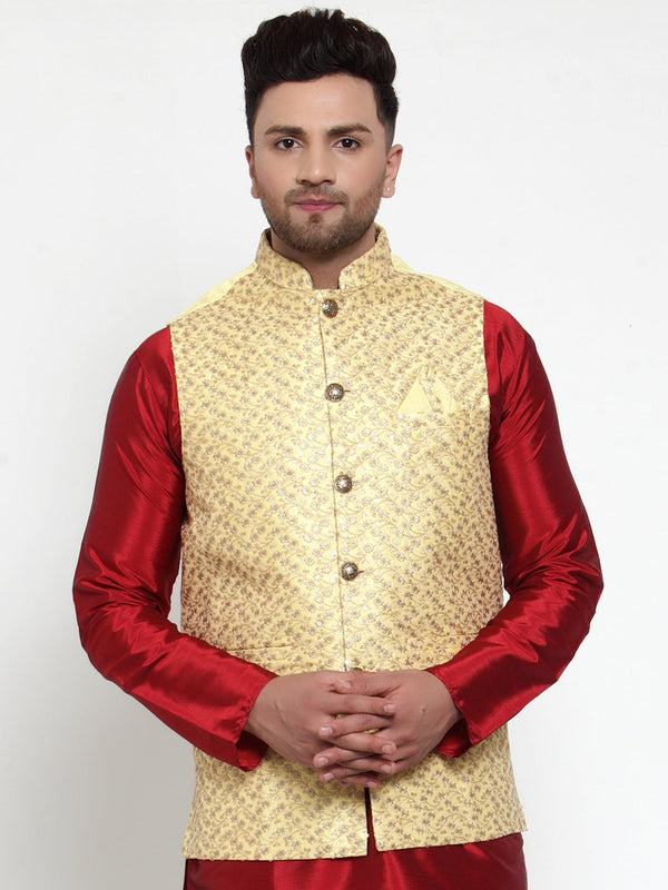 Jashvi Men's Yellow Embroidered Nehru Jacket