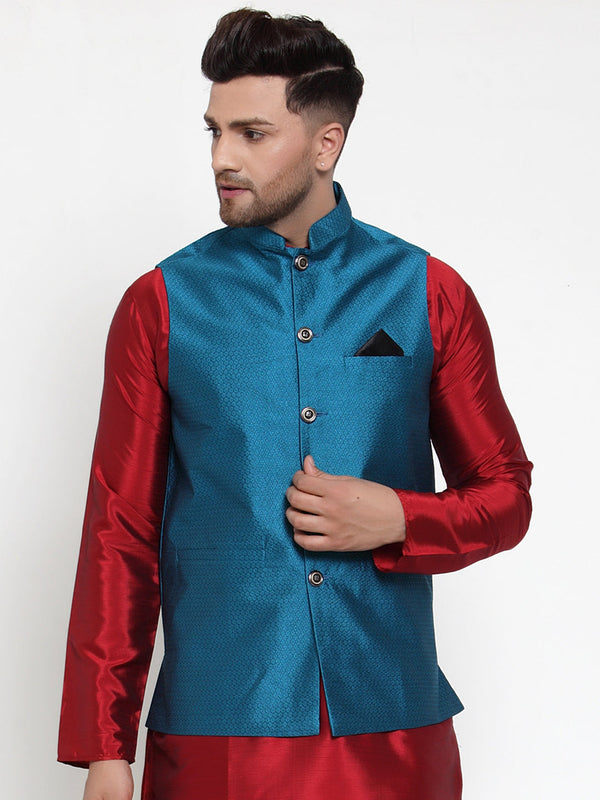 Men's Blue Woven Jacquard Nehru Jacket ( JOWC 4017Blue ) - Virat Fashions