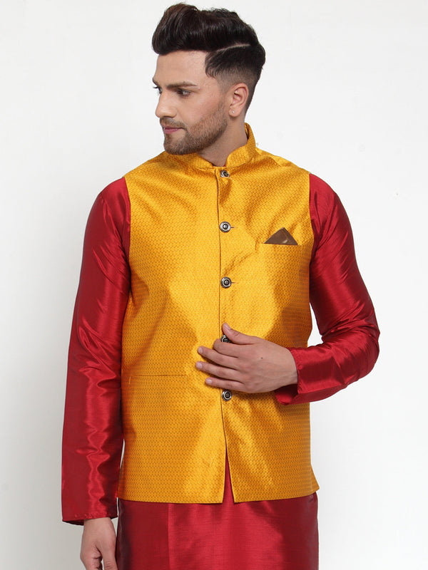 Jashvi Men's Yellow Woven Jacquard Nehru Jacket