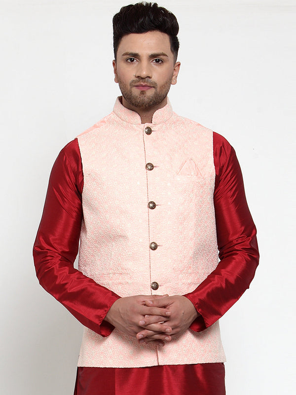 Jashvi Men's Pink Embroidered Nehru Jacket