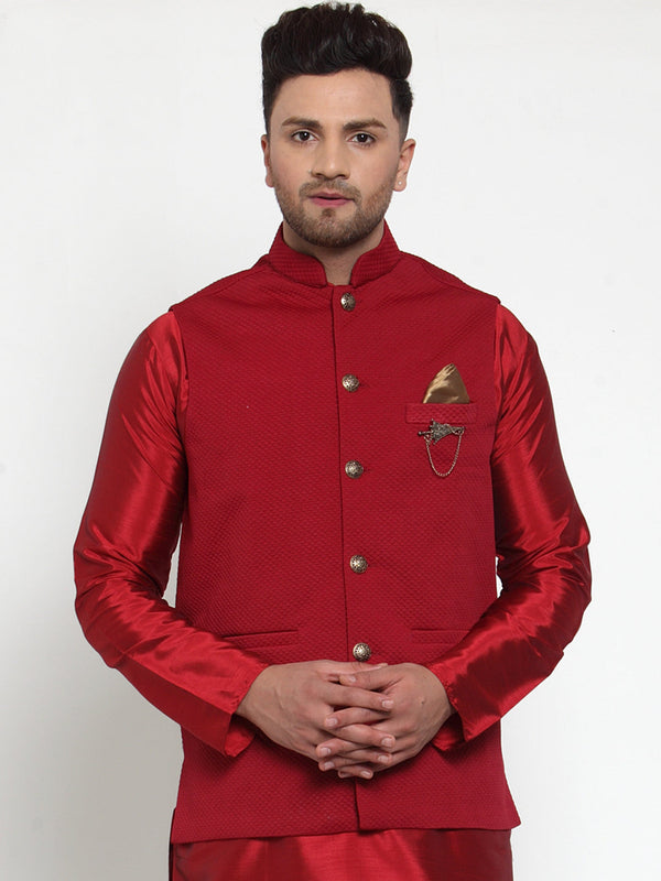 Jashvi Men's Maroon Woven Nehru Jacket