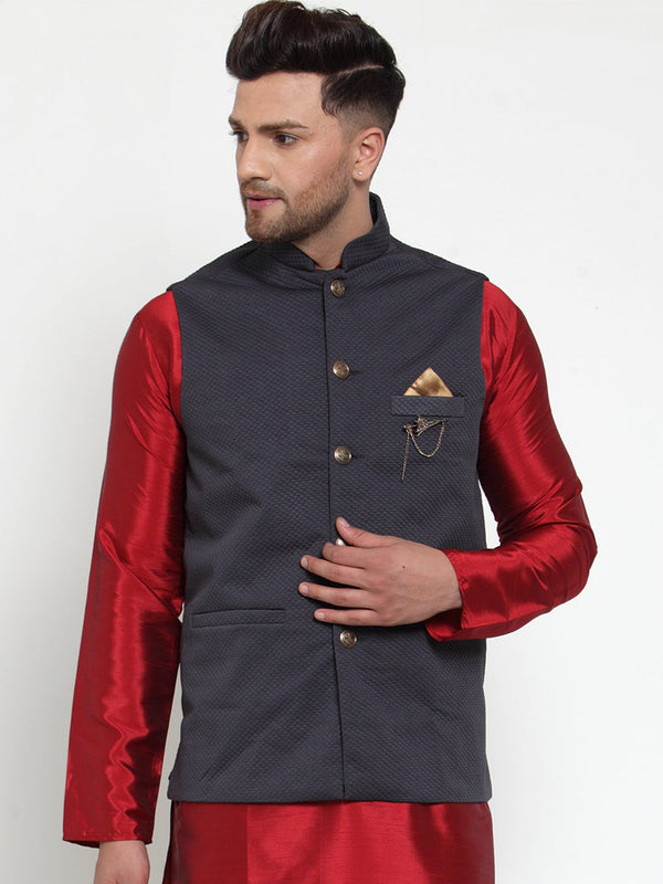 Men's Navy Woven Nehru Jacket ( JOWC 4019Navy ) - Virat Fashions