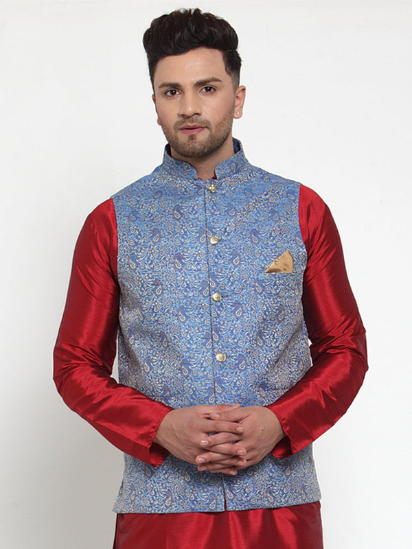 Men's Blue Woven Jacquard Nehru Jacket ( JOWC 4020Blue ) - Virat Fashions