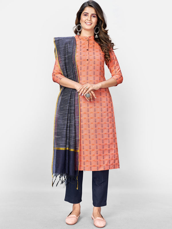 Women's Printed Straight Cotton Peach Kurta Pant With Dupatta (3Pcs Set) - Vbuyz