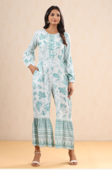 Women's Teal Rayon Printed Ethnic Jumpsuit with Belt - Juniper