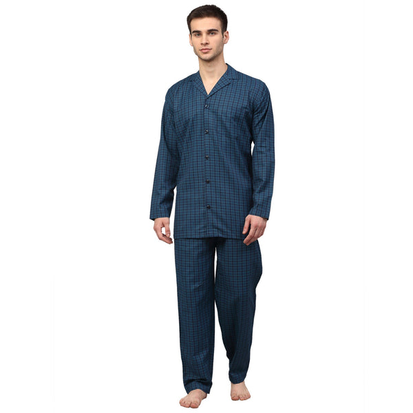 Men's Blue Checked Night Suits ( GNS 001Blue ) - Jainish