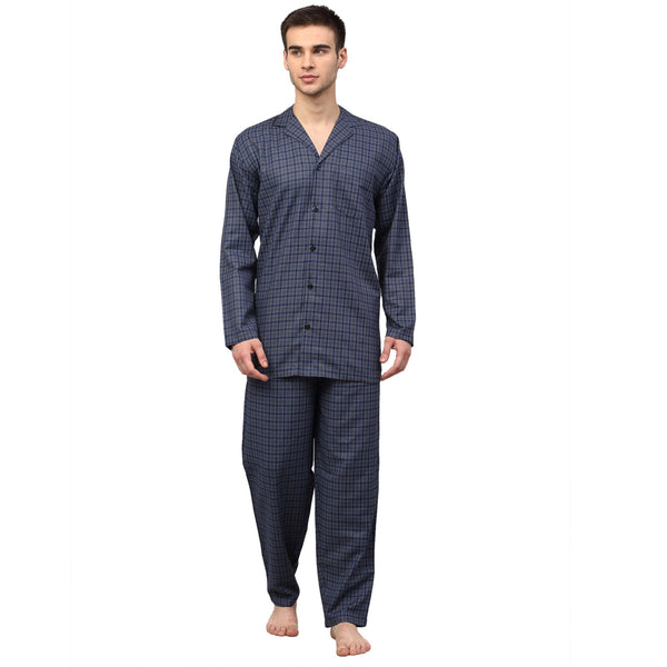 Men's Navy Blue Checked Night Suits ( GNS 001Navy-Grey ) - Jainish