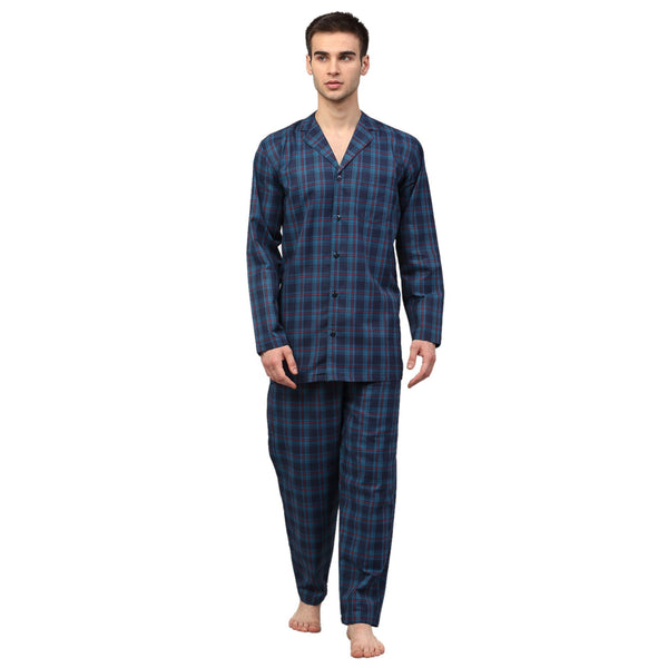 Men's Navy Blue Checked Night Suits ( GNS 001Navy ) - Jainish