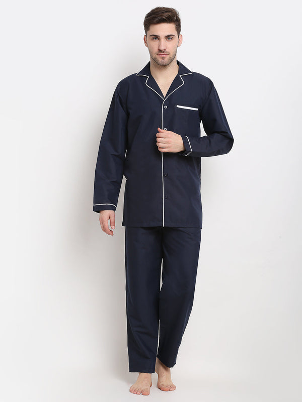 Men's Navy Cotton Solid Night Suits ( GNS 003Navy ) - Jainish