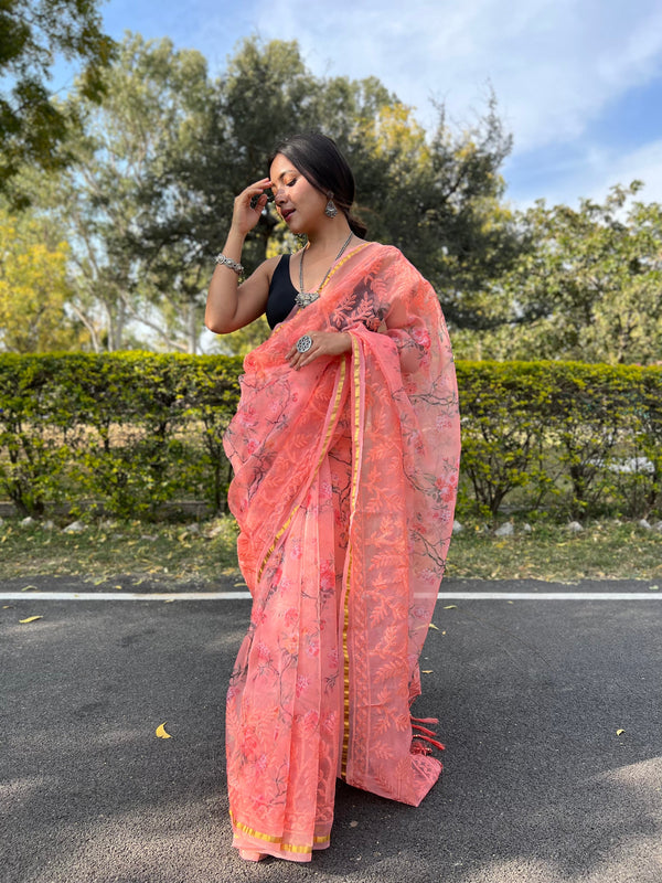 Women's Peach Floral Printed Saree - VAMSEE