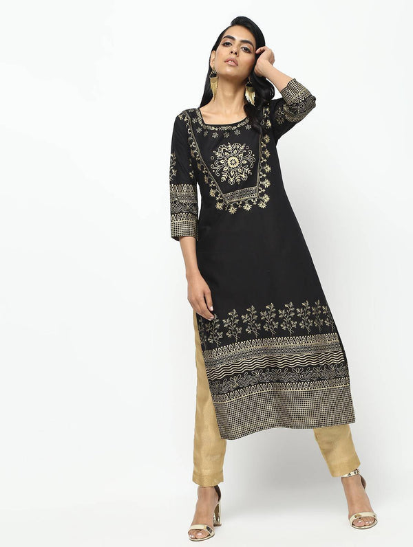 Women's Black Straight Foil Printed Long Kurta Only - Cheera