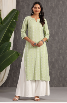 Women's Light Olive Rayon Embroidered Straight Kurta - Juniper