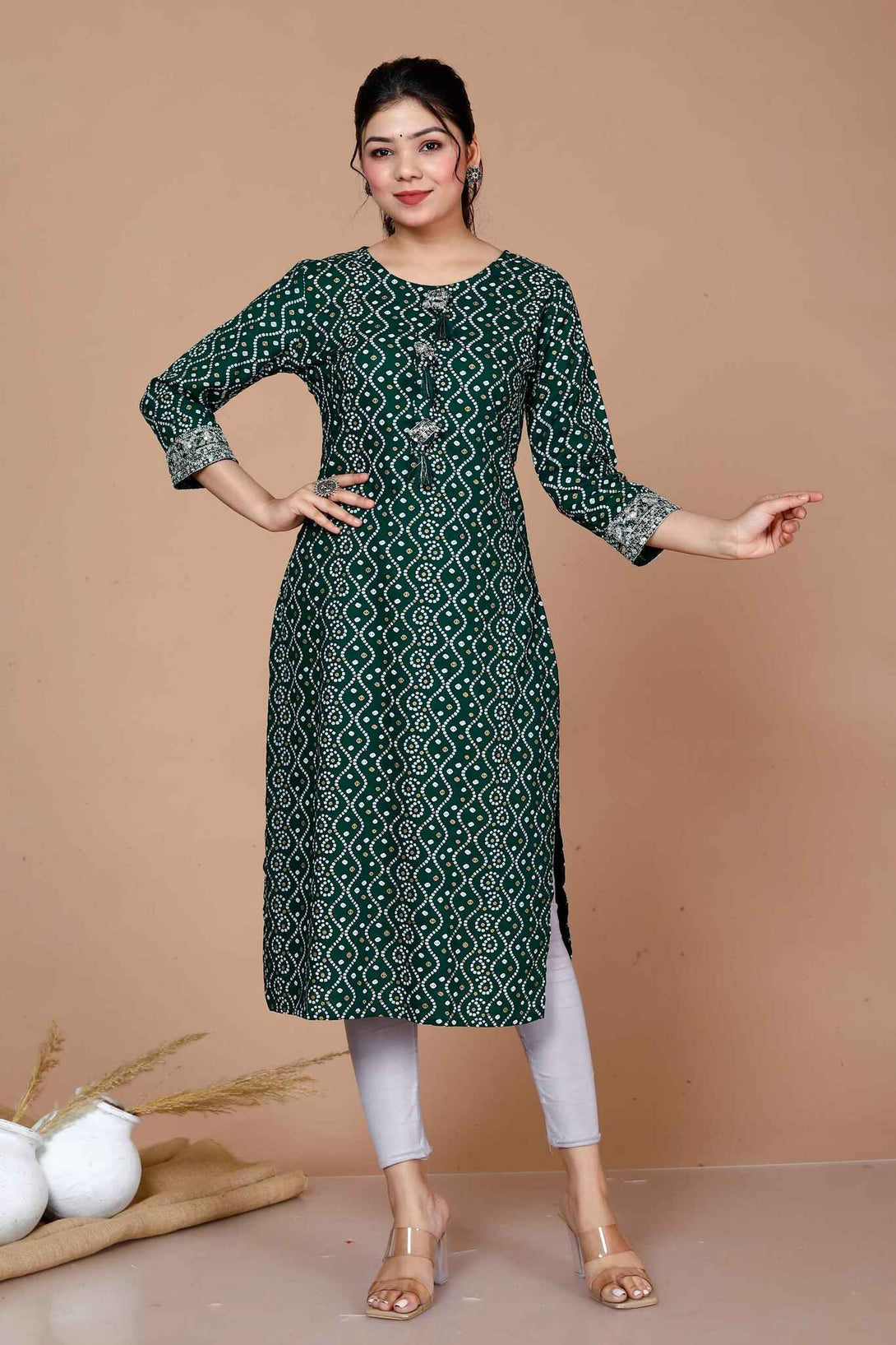 Women'S Rayon Bandhani Print Straight Kurta Green - Miravan