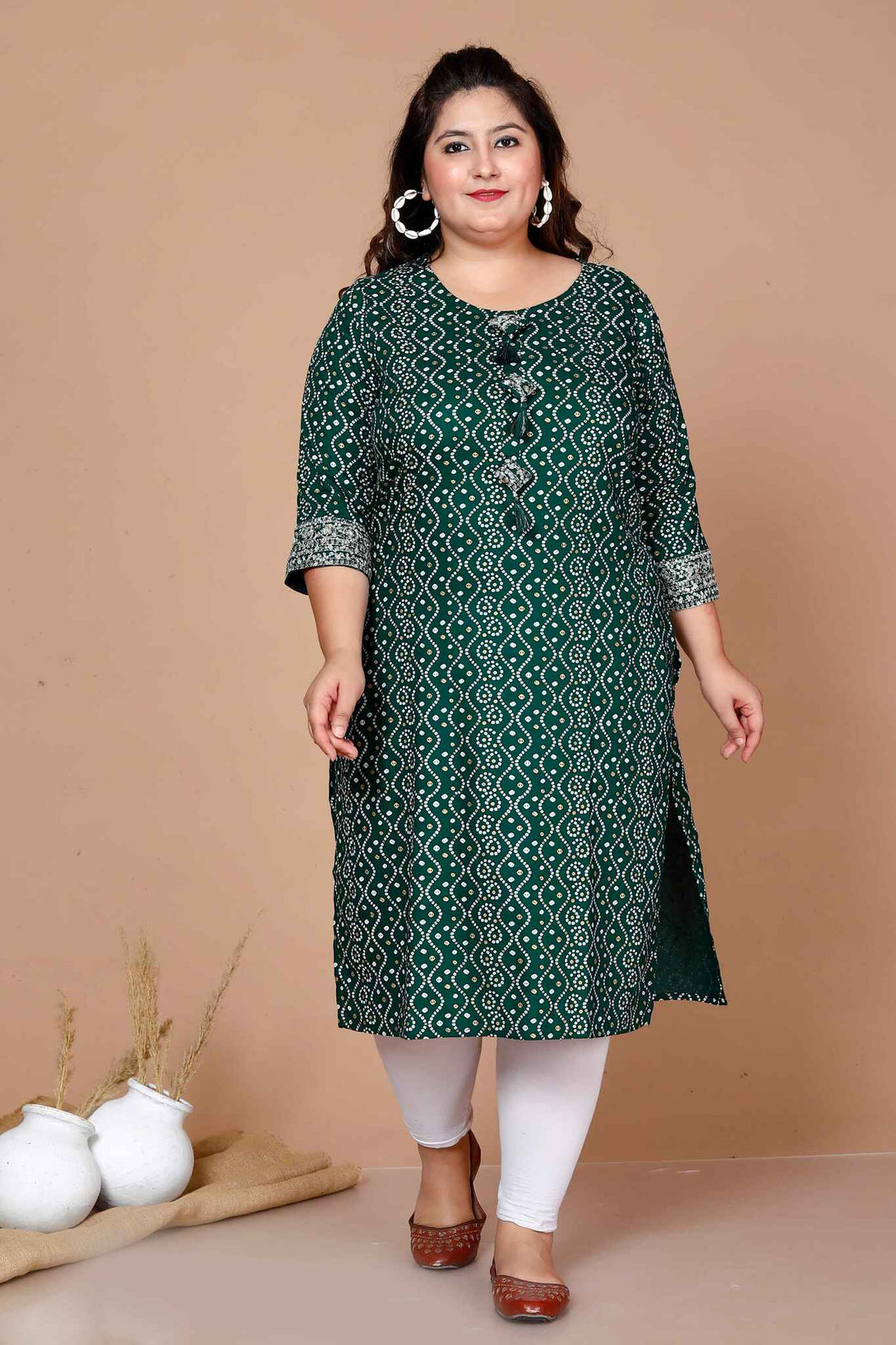 Women'S Plus Size Rayon Bandhani Print Straight Kurta Green - Miravan