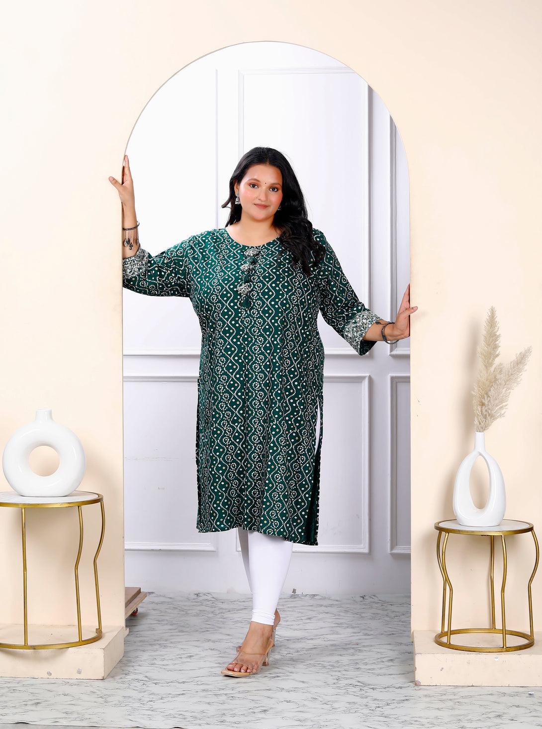 Women's Plus Size Rayon Green Bandhani Printed Straight Kurti - Miravan