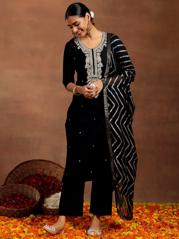 Black Embroidered Silk Blend Straight Suit With Dupatta