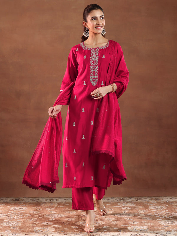 Red Embroidered Silk Blend Straight Suit With Dupatta-color issue