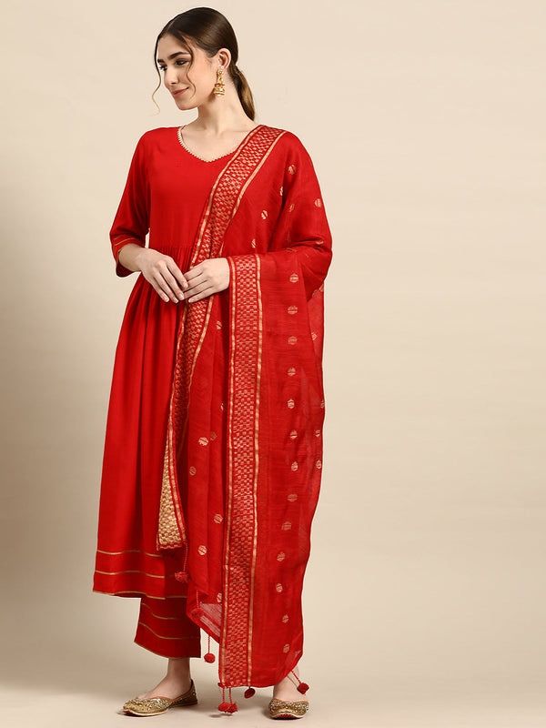 Red Solid Rayon Anarkali Suit With Dupatta