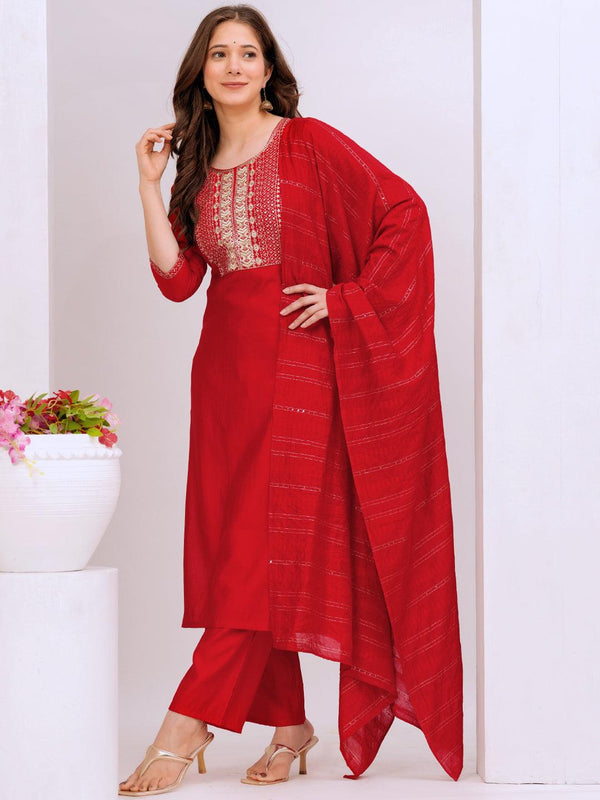 Red Yoke Design Silk Blend Straight Suit With Dupatta - Jashvi