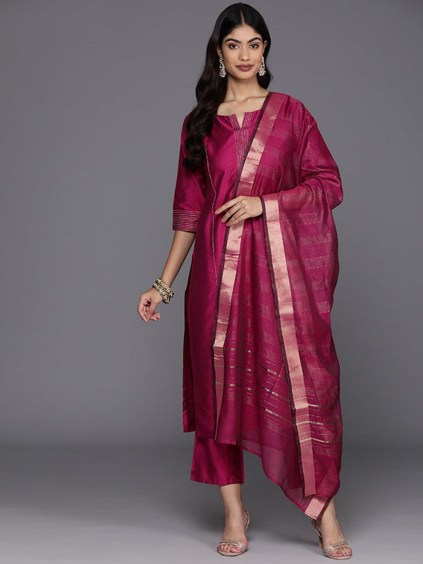 Pink Solid Silk Blend Straight Suit With Dupatta