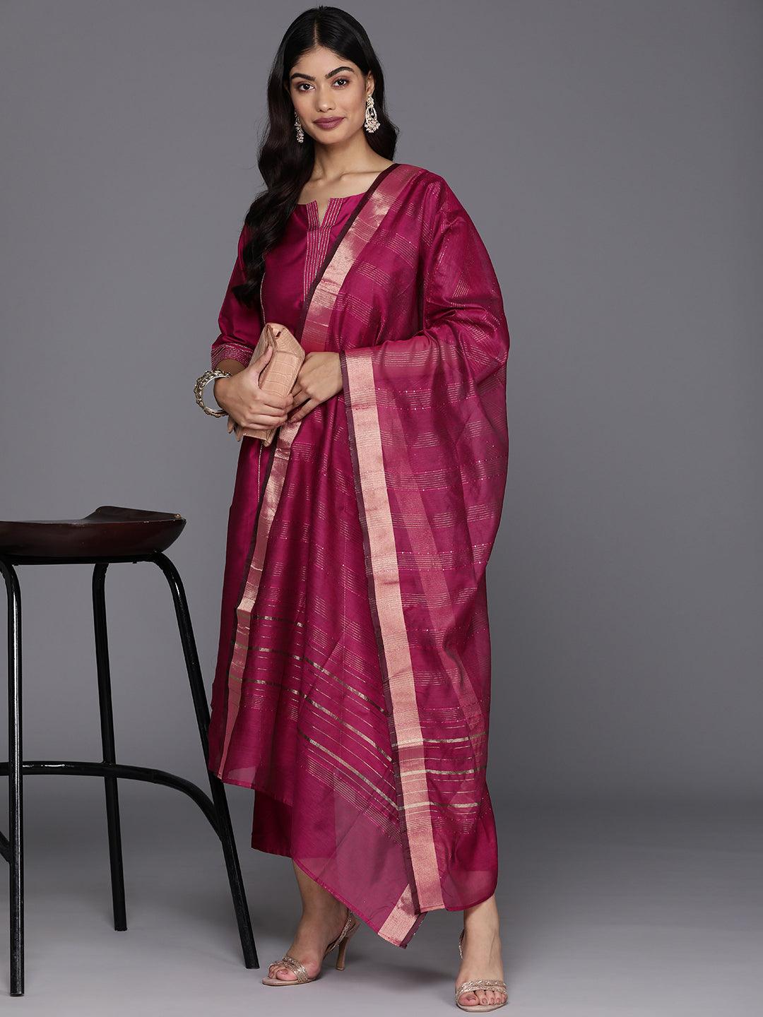 Pink Solid Silk Blend Straight Suit With Dupatta - Jashvi