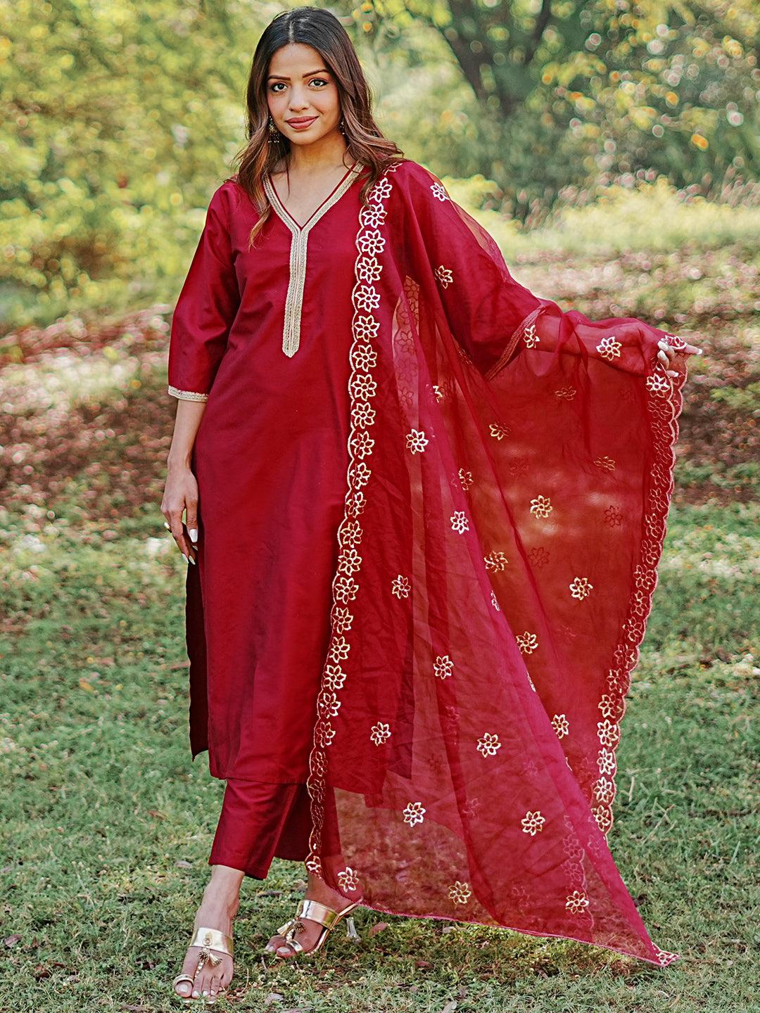 Maroon Solid Silk Blend Straight Suit With Dupatta - Jashvi