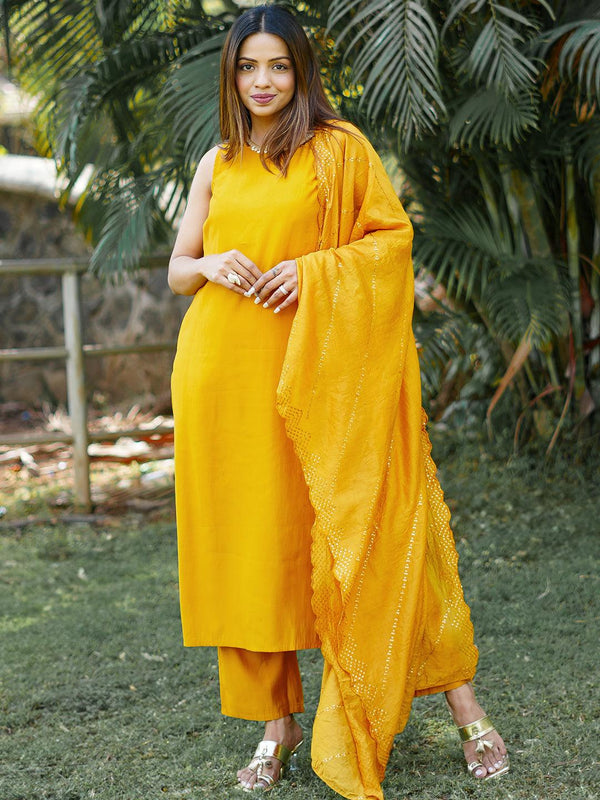 Mustard Solid Silk Blend Straight Suit With Dupatta