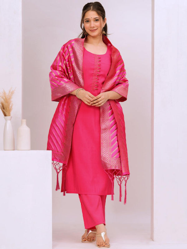 Pink Solid Silk Blend Straight Suit With Dupatta - Jashvi