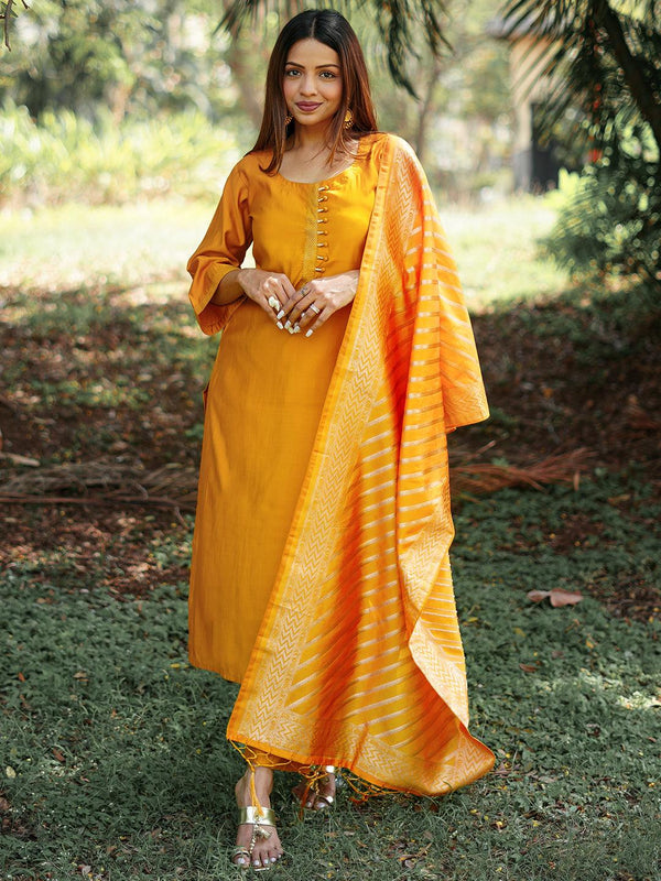 Mustard Solid Silk Blend Straight Suit With Dupatta