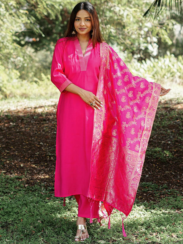 Pink Solid Silk Blend Straight Suit With Dupatta - Jashvi