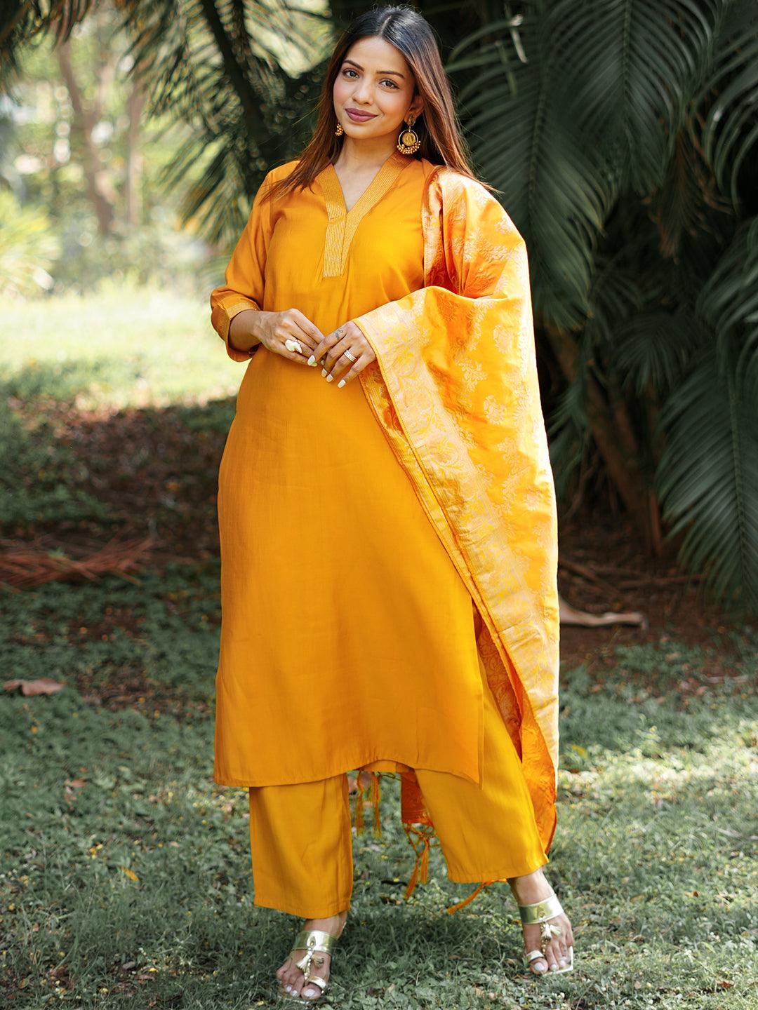 Mustard Solid Silk Blend Straight Suit With Dupatta - Jashvi