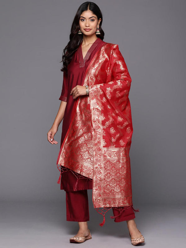 Red Silk Blend Solid Straight Suit With Dupatta