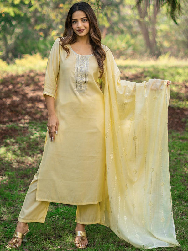 Yellow Yoke Design Silk Blend Straight Suit With Dupatta - Jashvi