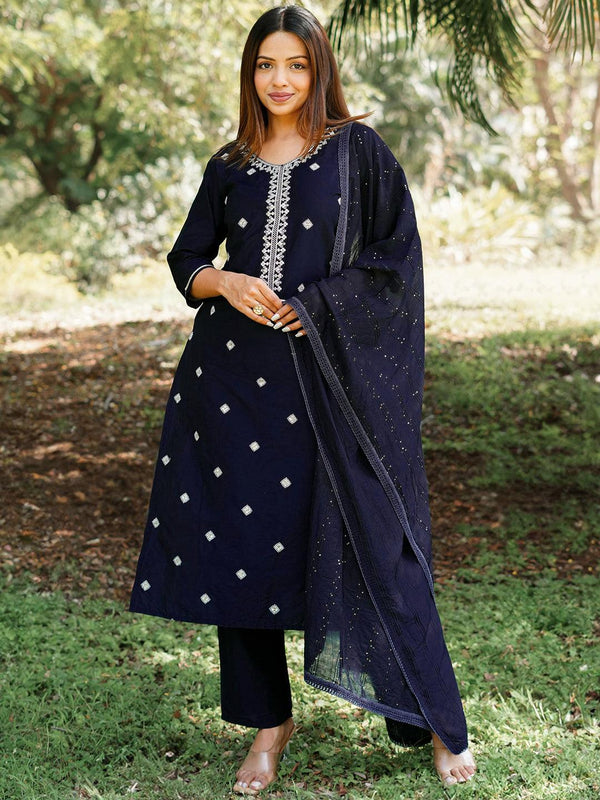 Blue Yoke Design Silk Blend Straight Suit With Dupatta